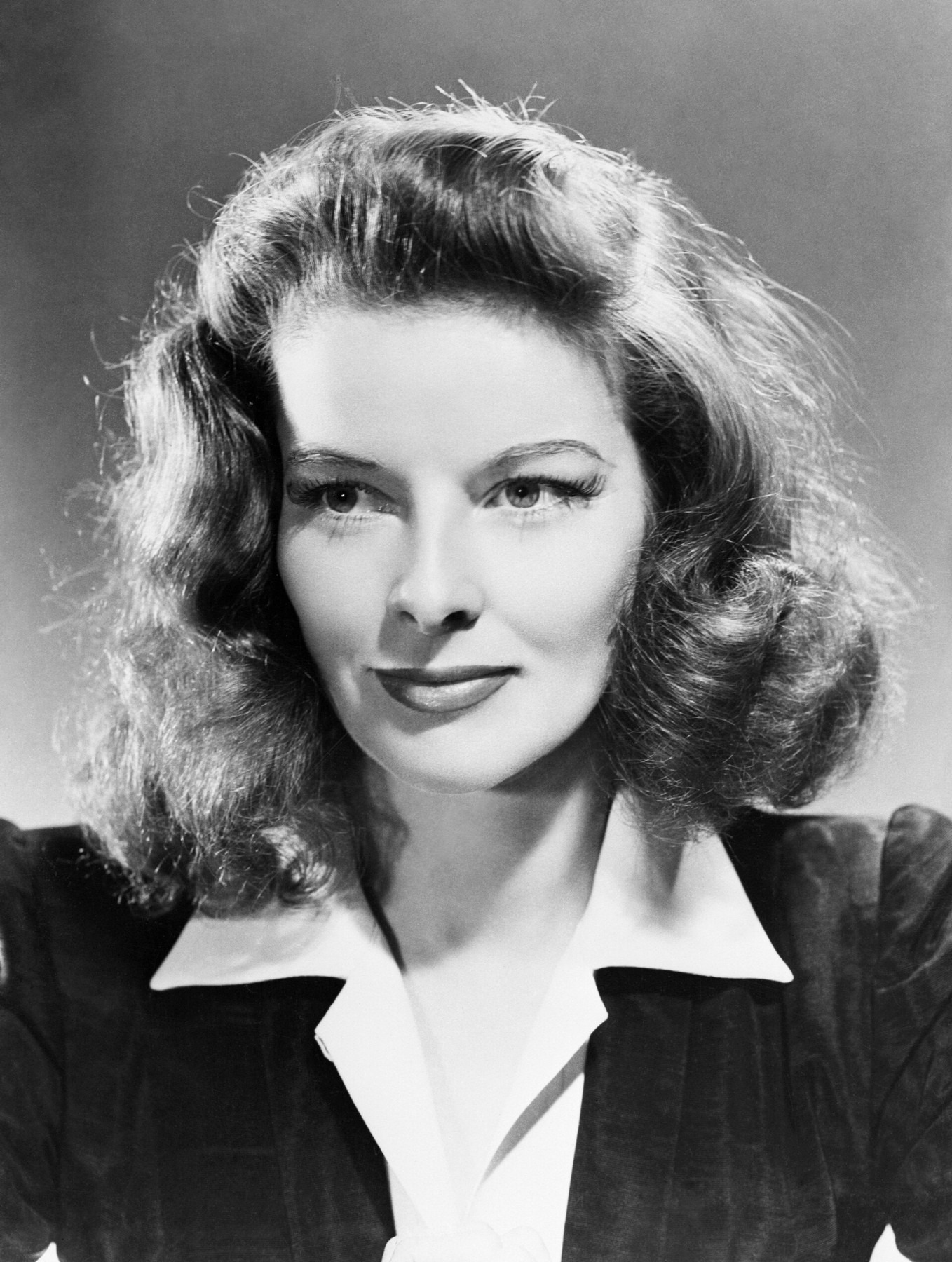 Portrait or film image of Katharine Hepburn.