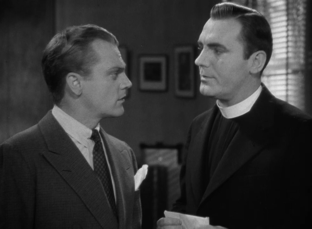 James Cagney faces Pat O'Brien, who wears a priest's collar, in Angels with Dirty Faces.