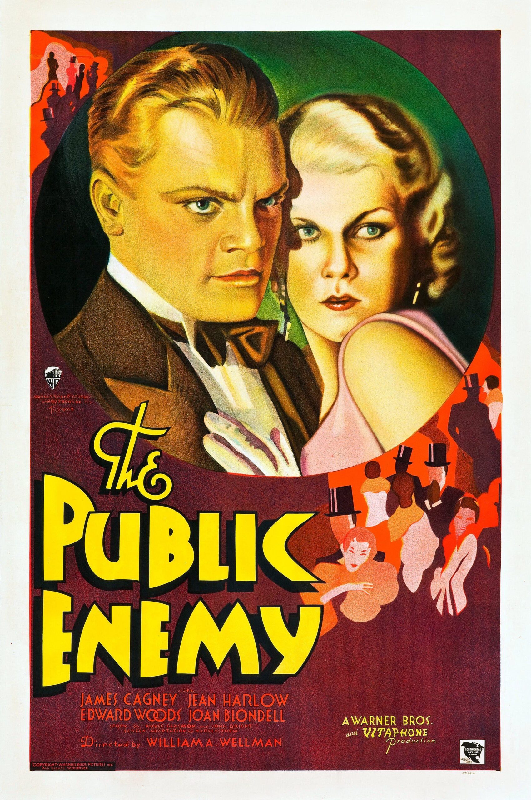 Illustrated poster for The Public Enemy showing James Cagney and Jean Harlow above the large film title.