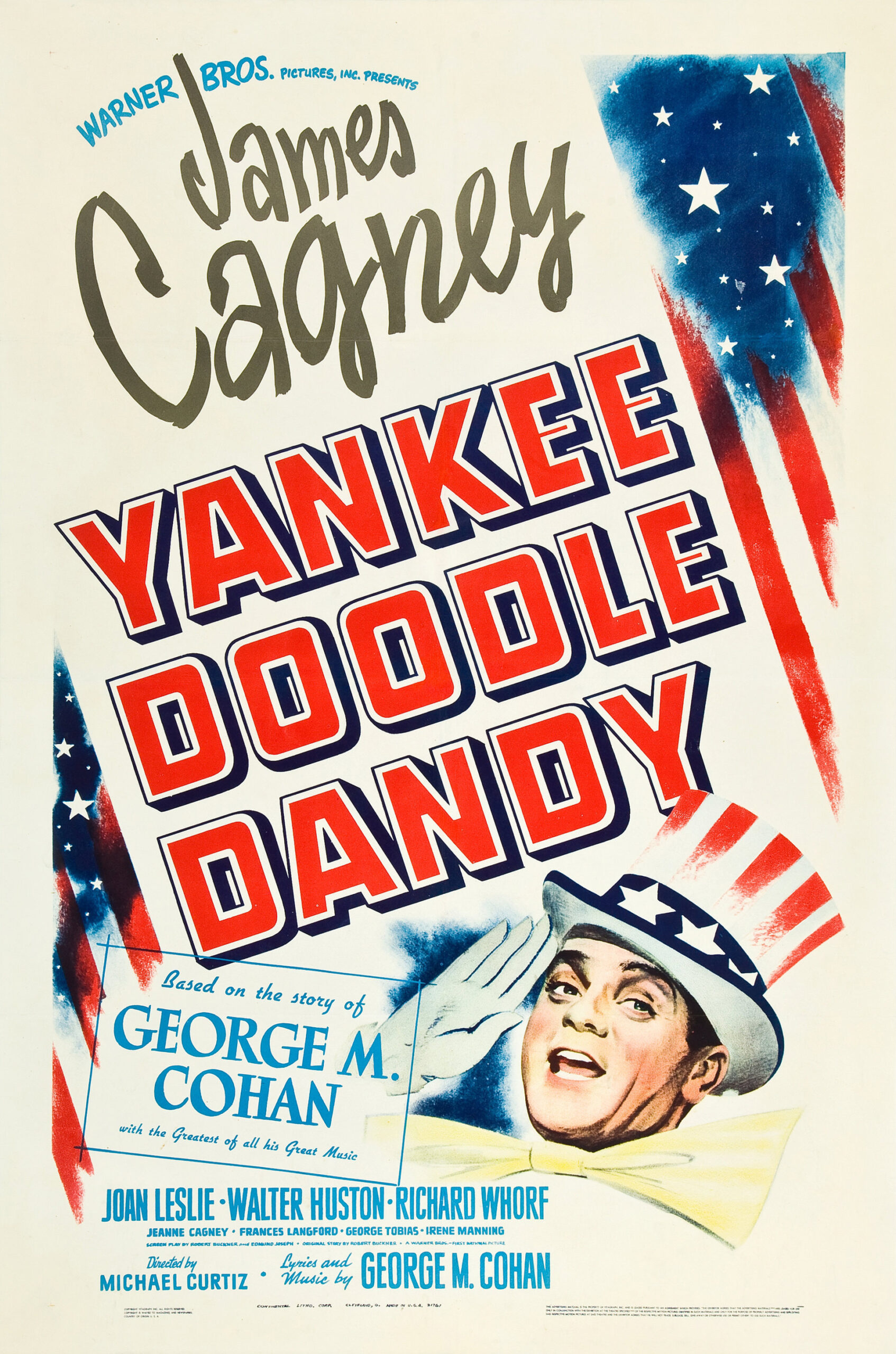 Colour poster for Yankee Doodle Dandy featuring James Cagney as George M. Cohan in patriotic red, white and blue.