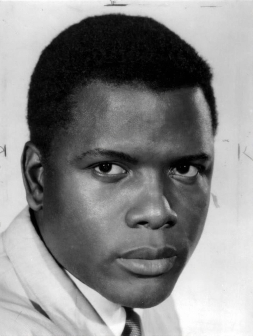 Black-and-white close-up publicity portrait of Sidney Poitier looking directly at the camera in 1967.