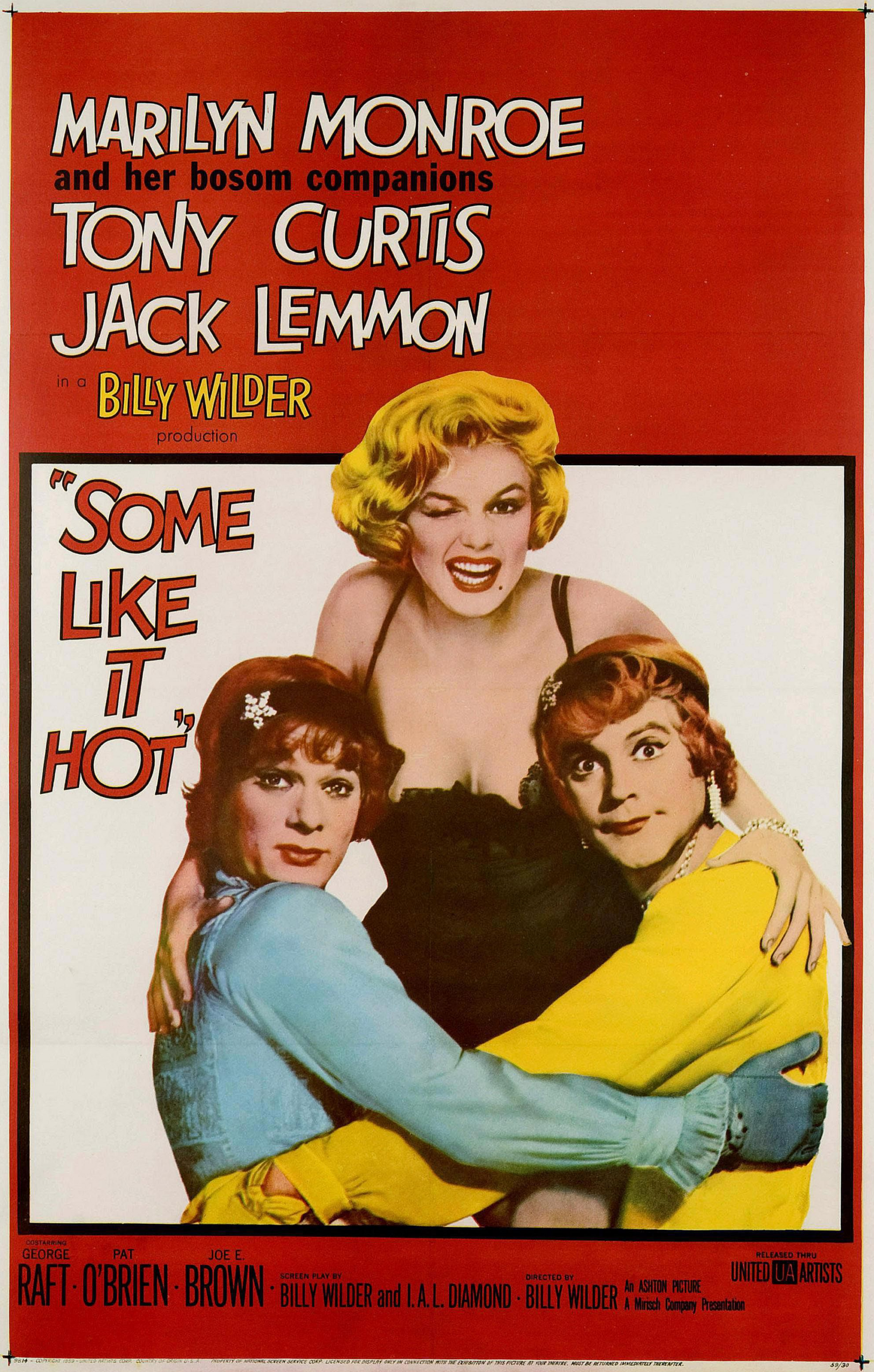 Colour theatrical poster for Some Like It Hot featuring Marilyn Monroe, Tony Curtis and Jack Lemmon.