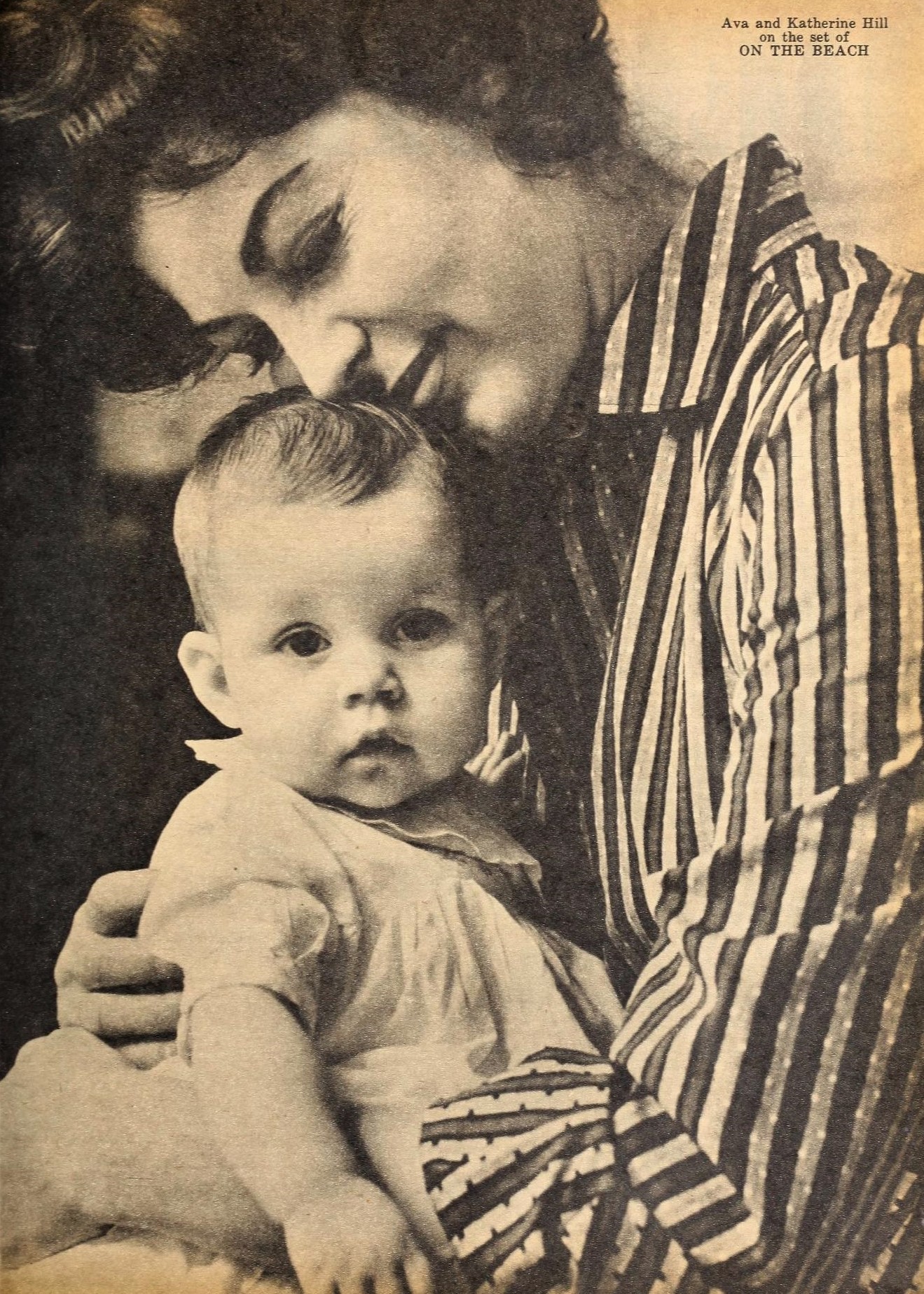 Black-and-white location photograph of Ava Gardner and Katherine Hill during production of On the Beach in 1959.