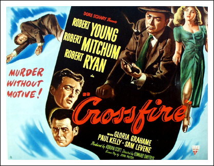 Illustrated 1947 poster for Crossfire with faces, a clenched fist and dramatic red lettering.