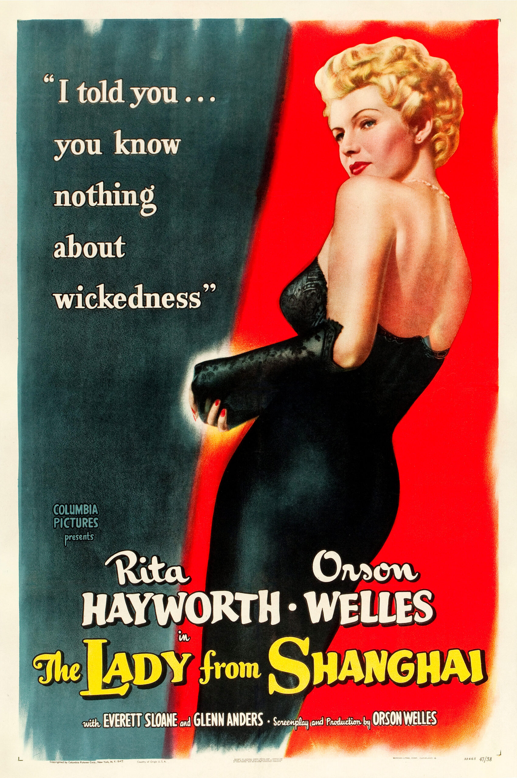 Colour poster for The Lady from Shanghai featuring Rita Hayworth and Orson Welles.