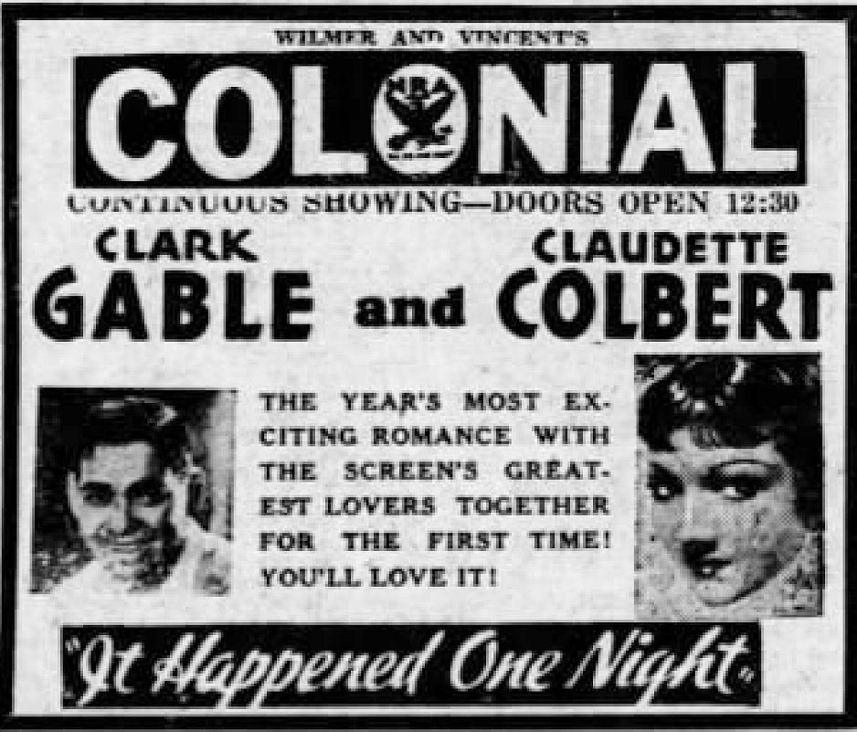Colonial Theater advertisement for the American film It Happened One Night (1934) - 13 Mar. 1934 Morning Call, Allentown PA.