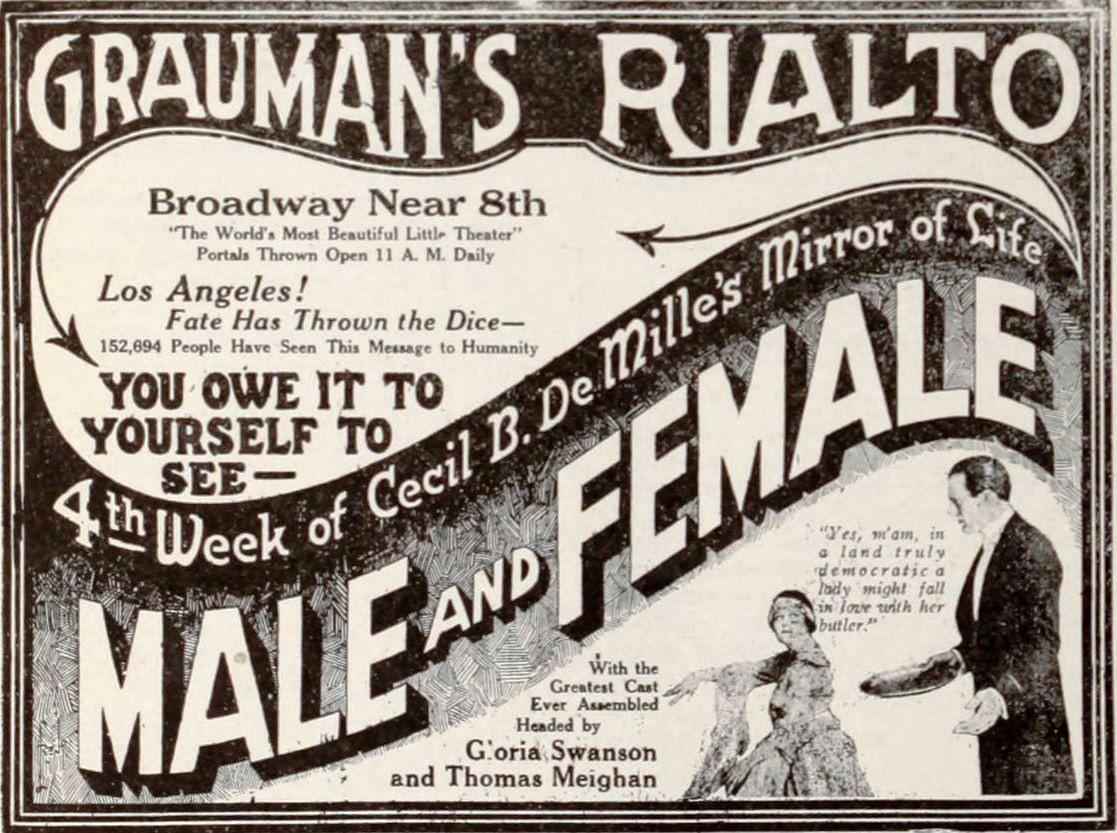 Black-and-white film still of Gloria Swanson in Male and Female.
