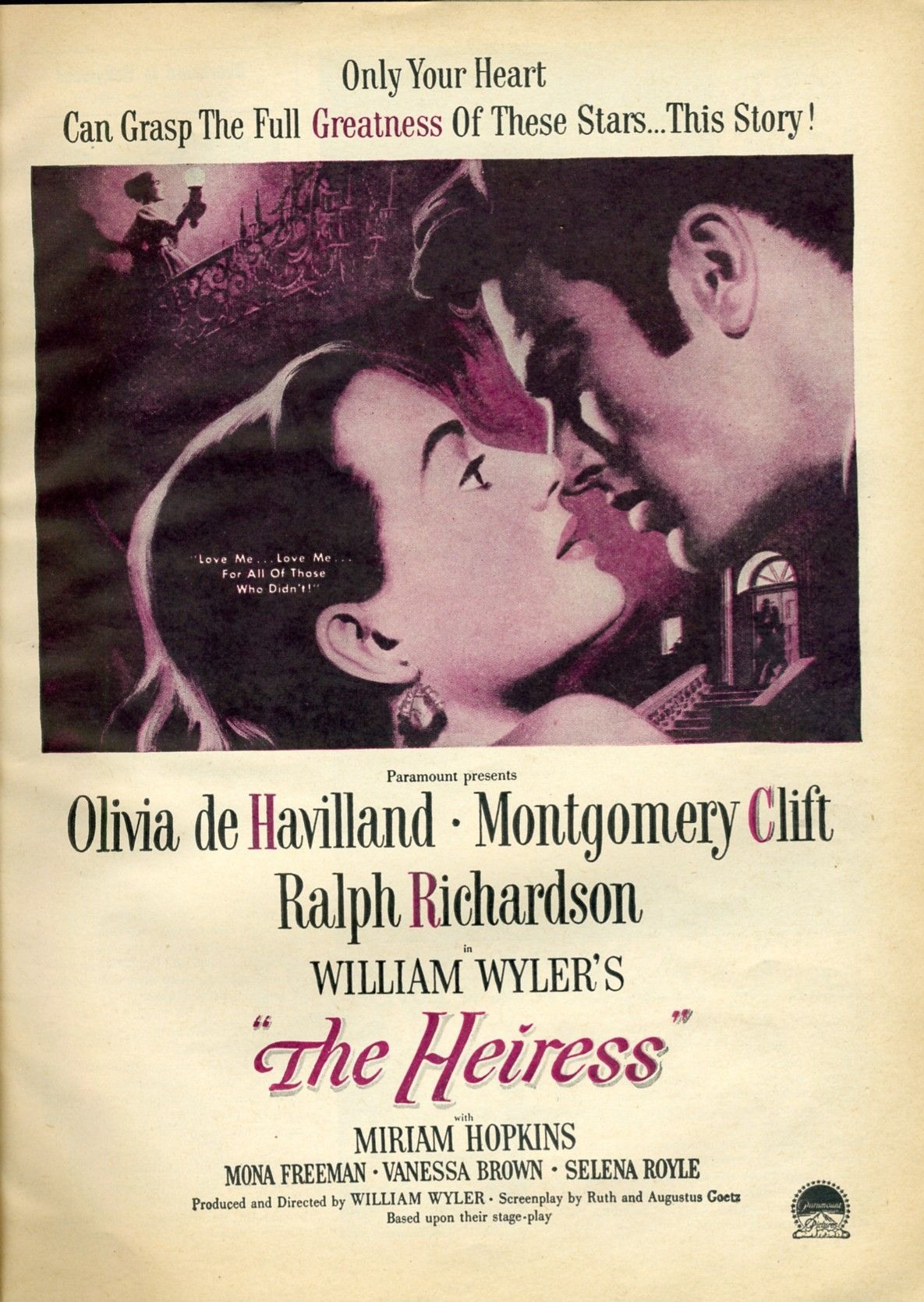 Poster for the 1949 film The Heiress starring Olivia de Havilland and Montgomery Clift.