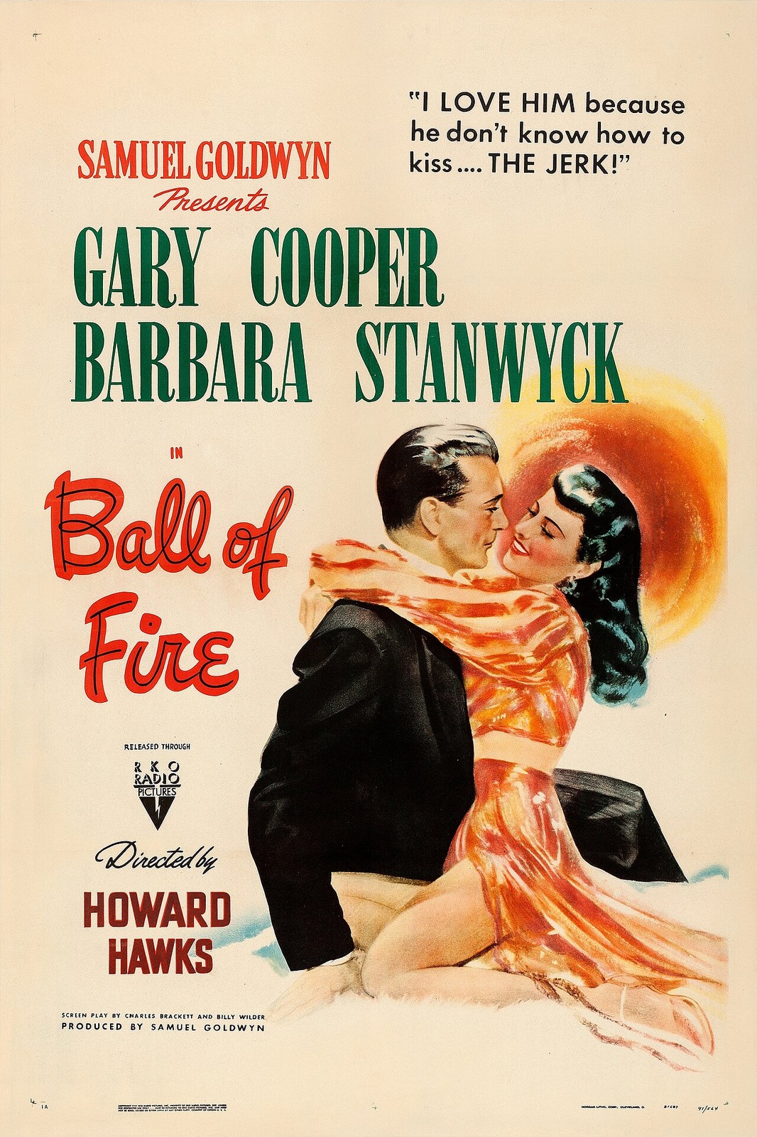 Vintage illustrated theatrical poster for Ball of Fire (1941).