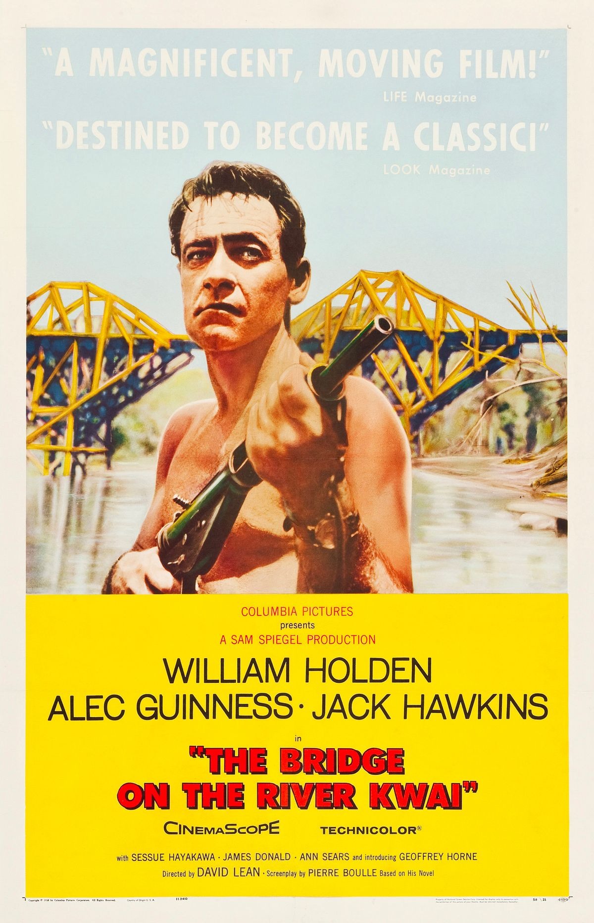 "Style B" American poster for the US theatrical release of the 1957 film The Bridge on the River Kwai.
